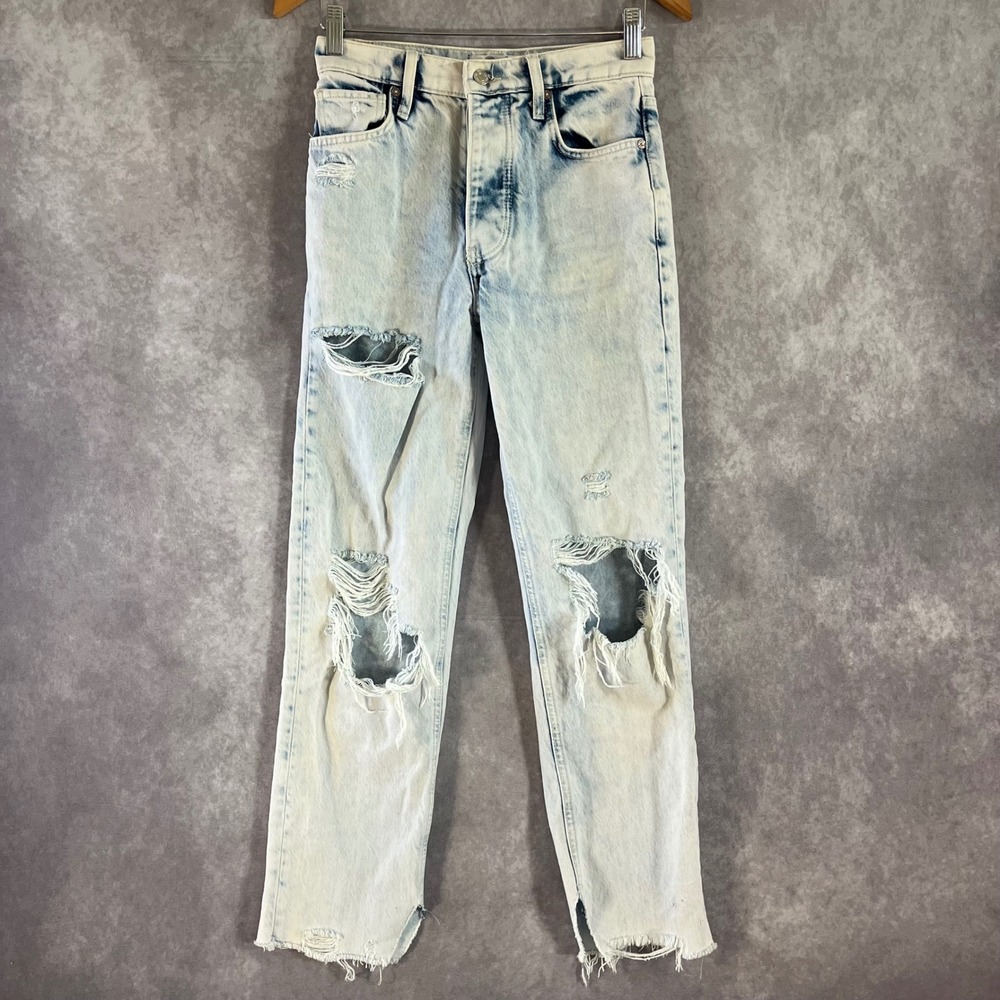 We The Free Distressed Straight Leg Jeans Womens 24 Light Blue Acid Wash Raw Hem